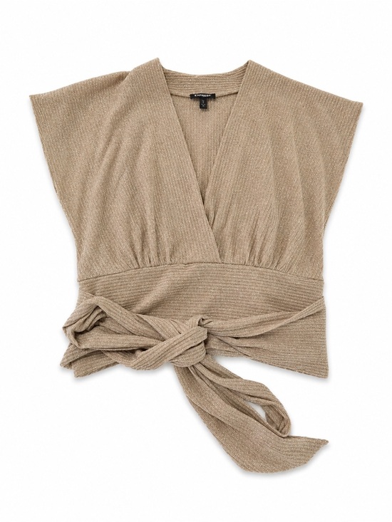 Express Sweaters - Express Metallic  gold shimmer Wrap Knit  cropTop - Tan